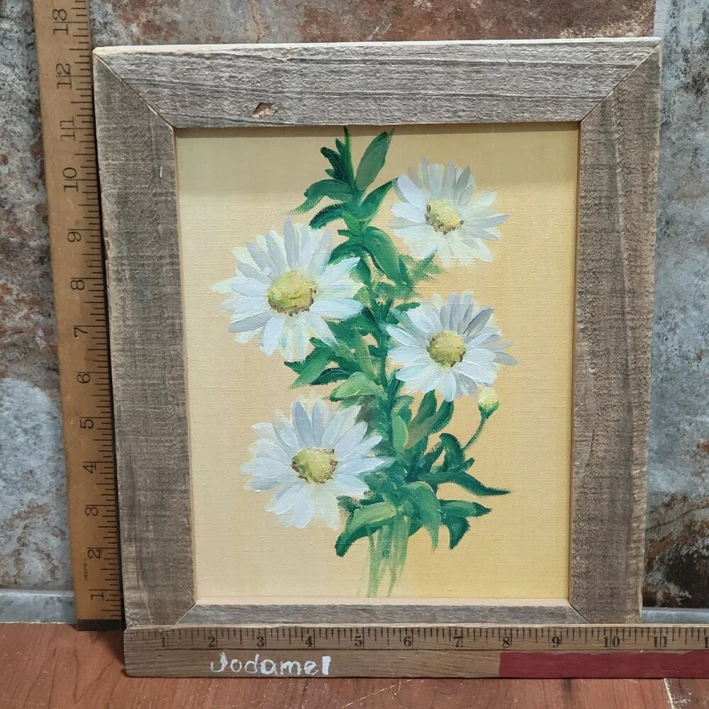 Vintage Oil Painting of Daisies Rustic Wooden Frame Impasto Technique
